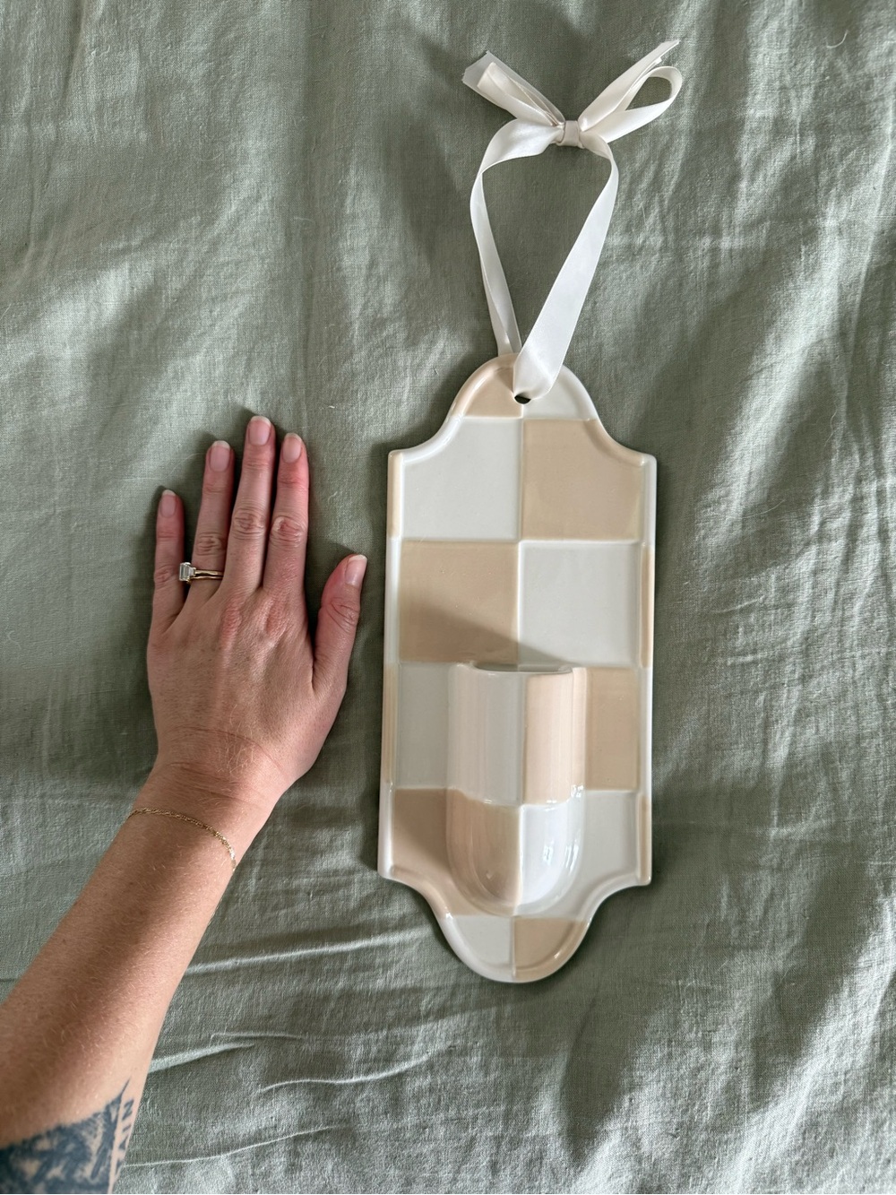 Anthropologie Cream and White Checkered Hanging Ceramic Pocket